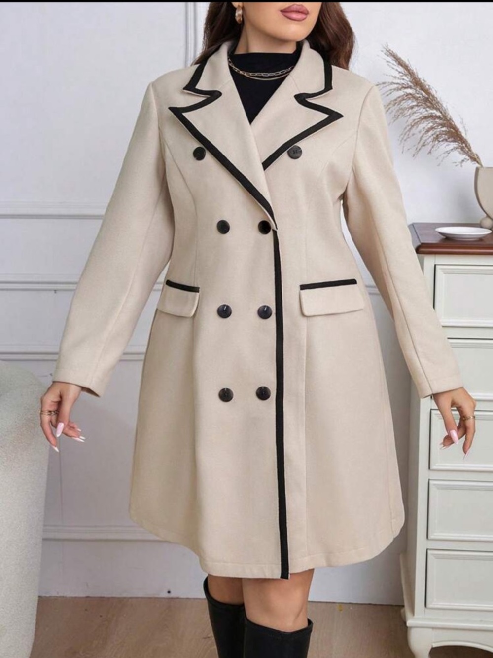 Beige Double-Breasted Pea Coat with Black Trim